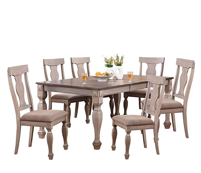 Kings Brand Almon 2-Tone Brown Wood 7-Piece Rectangle Dining Room Set, Table & 6 Chairs