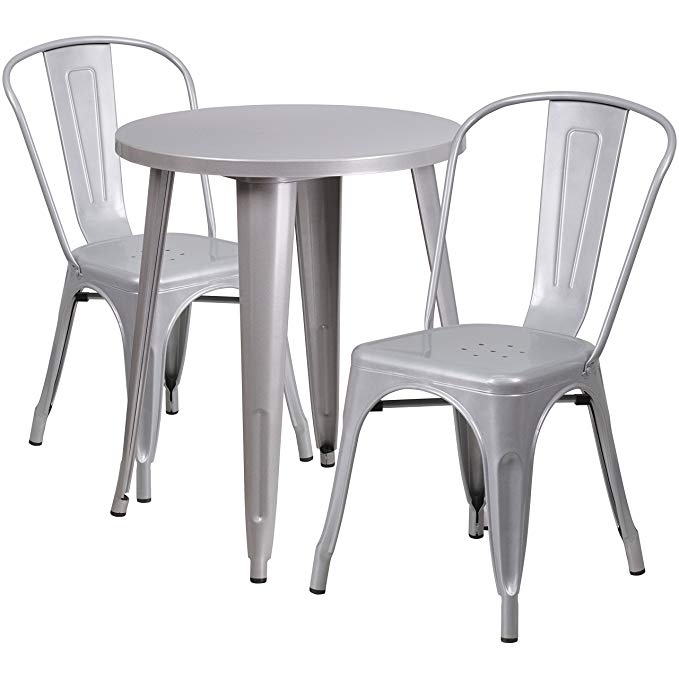 Flash Furniture 24'' Round Silver Metal Indoor-Outdoor Table Set with 2 Cafe Chairs