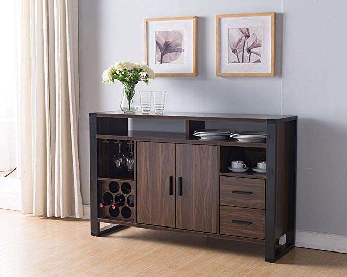 161640 Smart Home Dark Walnut & Black Wine Rack Sideboard Buffet Table