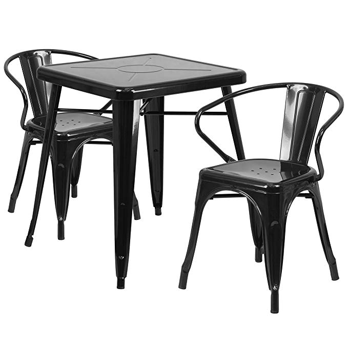 Flash Furniture 23.75'' Square Black Metal Indoor-Outdoor Table Set 2 Arm Chairs