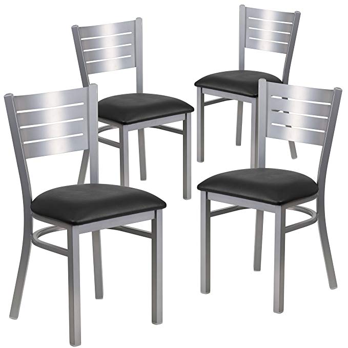 Flash Furniture 4 Pk. HERCULES Series Silver Slat Back Metal Restaurant Chair - Black Vinyl Seat