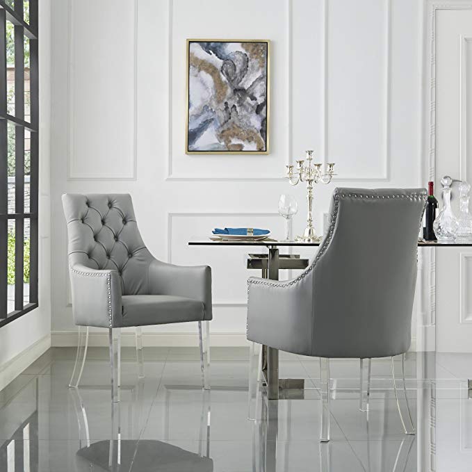 PU Leather Acrylic Leg Dining Chair Set of 2, Grey