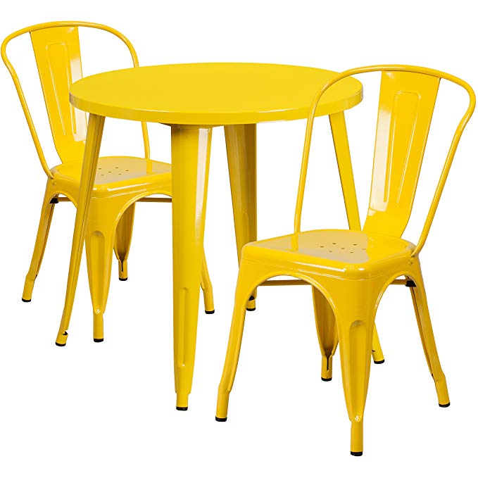 Flash Furniture 30'' Round Yellow Metal Indoor-Outdoor Table Set with 2 Cafe Chairs