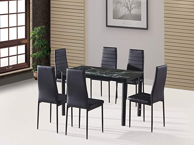 EBS 7 Piece Home Kitchen Dining Room Metal Furniture Set with Faux Marble Glass Top Table + 6 Chairs Metal Leg & Frame - Green Finish