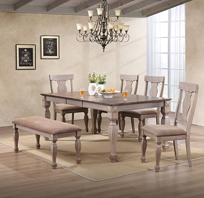 Kings Brand Almon 2-Tone Brown Wood 6-Piece Dining Room Set, Table, Bench & 4 Chairs