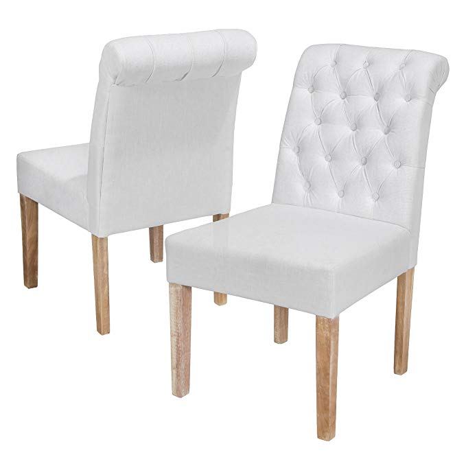 Best-selling Darla Tufted White Fabric Dining Chair with Roll Top, White, Set of 2