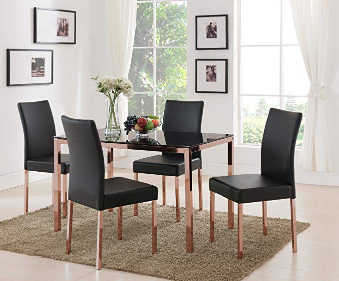 Kings Brand Rose Copper With Black Tempered Glass Kitchen Dinette Dining Table & 4 Chairs