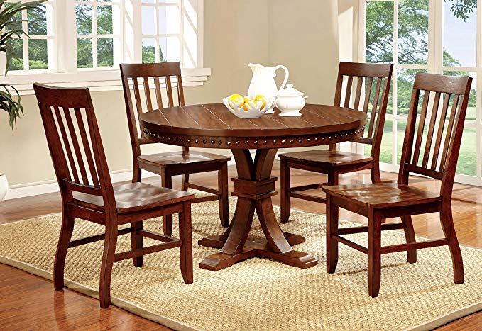 Furniture of America Castile 5-Piece Transitional Round Dining Table Set, Dark Oak