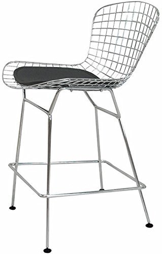 Nicer Furniture ® Set of 2-Harry Bertoia Chromed Steel Wire Frame Counter Height Stool with Leatherette PU Pad, Black