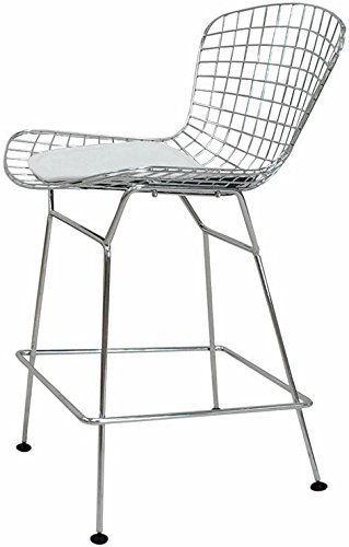 Nicer Furniture ™ Set of 2-Harry Bertoia Chromed Steel Wire Frame Counter Height Stool with Leatherette PU Pad, White