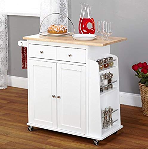 Premium Kitchen USA Kitchen Island Cart On Wheels With Storage and Drawers Wood Table Top (White)