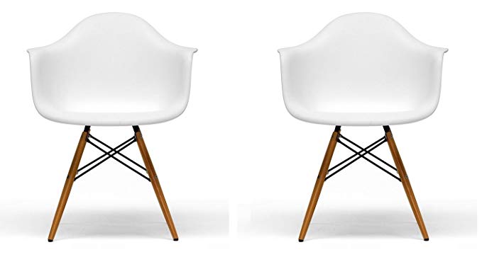 BTEXPERT Pair of Stylish Armchair Natural Wood Dowell Legs Dining Room Lounge Arm Chair - White DAW Set of 2 (two)