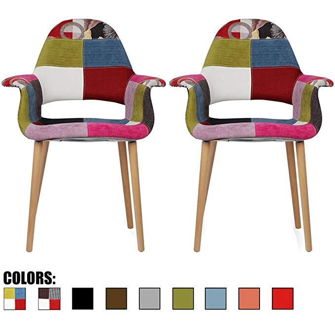 2xhome – Set of 2, Patchwork Patterned Mid Century Modern Upholstered Fabric Organic Accent Living Room Dining Chair Armchair Set with Back Armrest Natural Wood Wooden Legs for Kitchen Bedroom Ann