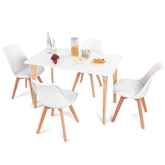 Giantex 5 Pieces Dining Table Set w/4 Chairs Home Dining Room Kitchen Waiting Room Modern Rectangular Table Mid-Century Dining Chairs with Padded Seat Wood Legs White