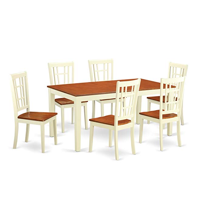 East West Furniture NICO7-WHI-W 7-Piece Dining Table Set, Buttermilk/Cherry Finish