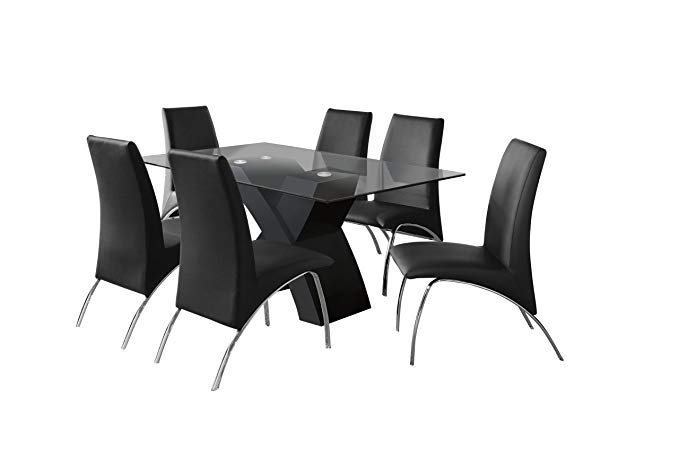 Furniture of America Rivendale 7-Piece Modern Dining Table Set with 12mm Tempered Glass Top, Black Finish