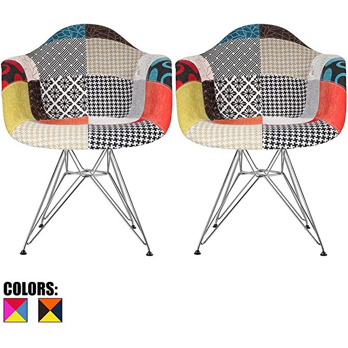 2xhome - Set of Two (2) - Multi-color – Modern Upholstered Eames Style Armchair Fabric Chair Patchwork Multi-pattern Chromed Wire Leg Eiffel Dining Room Chair with Arm for Living Room Dining Room