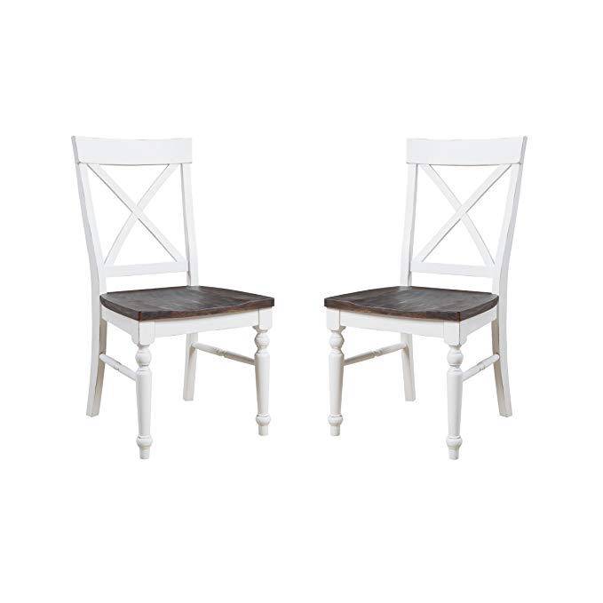 Emerald Home Mountain Retreat Antique White and Dark Mocha Dining Chair with All Wood Frame, X Back, and Contrasting Seat, Set of Two