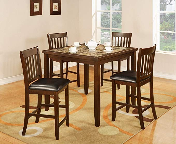 Roundhill Furniture Zoho 5PC Aritifical Marble Top Dark Cappuccino Finish Wood Counter Height Dining Set