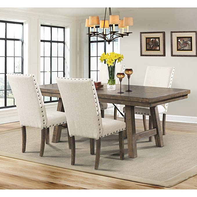 Picket House Furnishings Dex Dining Set-Table, 4 Upholstered Side Chairs Rustic/Smokey Walnut/Rubber Wood/5 Piece