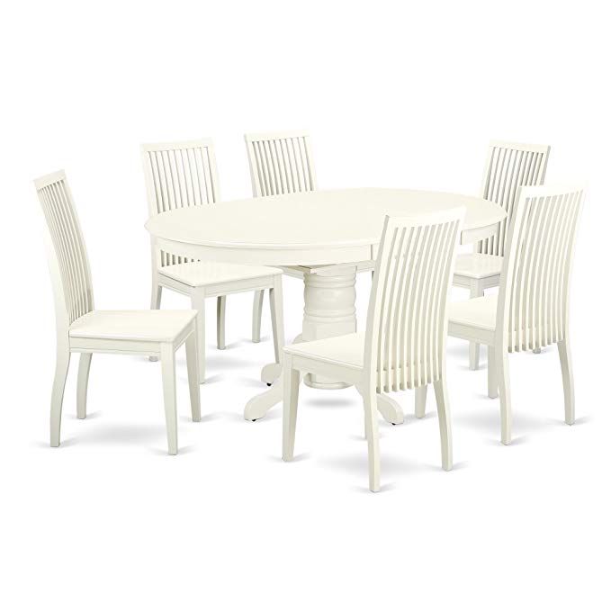 East West Furniture AVIP7-LWH-W 7 Piece Dining Set Table and 6 Wood Seat Kitchen Chairs, Medium, Linen White