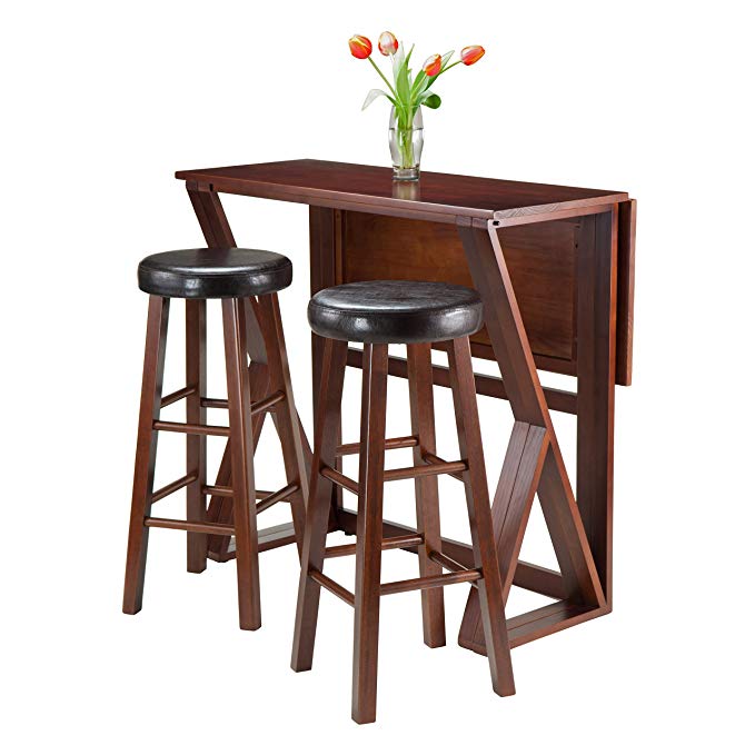 Winsome 3-Piece Harrington Drop Leaf High Table with 2 Cushion Round Seat Stools, 29-Inch, Brown