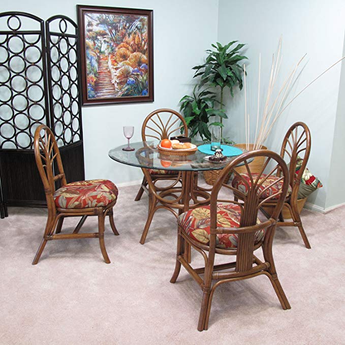 Premium Rattan Dining Furniture Sundance 5PC Set Islander Spice Jacquard Fabric (Walnut Finish)