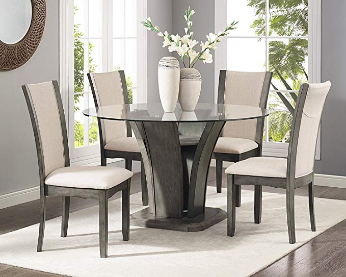 Roundhill Furniture D051GY Kecco Grey 5-Piece Glass Top Dining Set, Table 4 Chairs