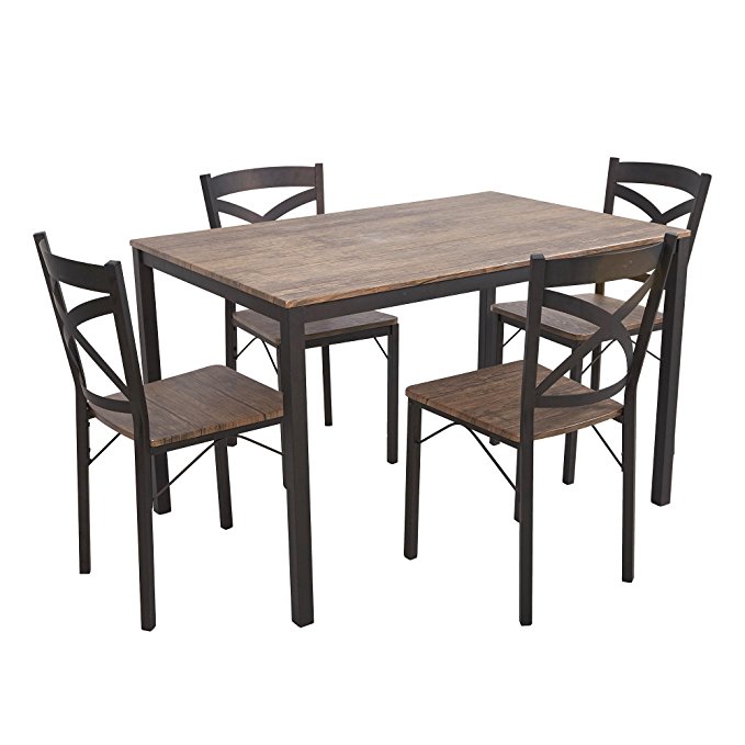 Dporticus 5-Piece Dining Set Industrial Style Wooden Kitchen Table and Chairs with Metal Legs- Espresso