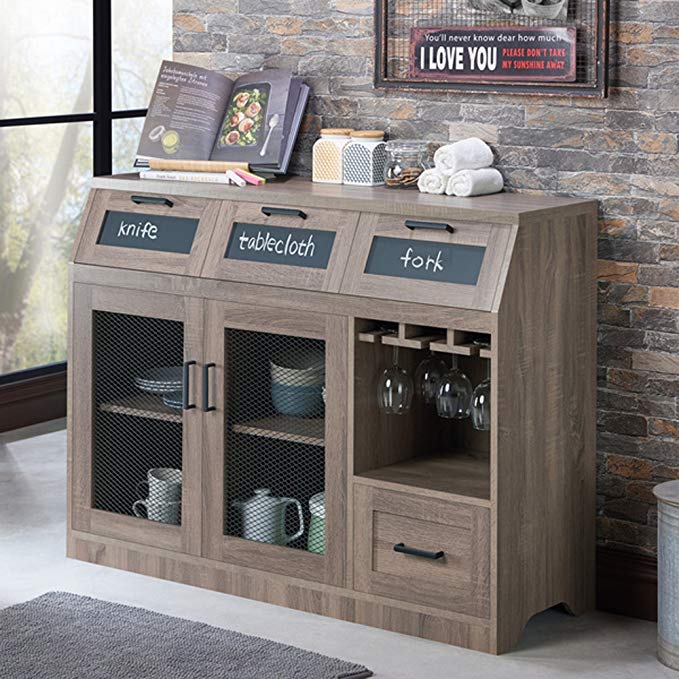 Industrial Server - Dining Room Sideboard Cabinet with Chalkboard Drawers and Mesh Doors - Vintage Rustic Style (Chestnut Brown)