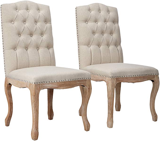 Best-selling Tufted Fabric Weathered Hardwood Dining Chair, Beige, Set of 2