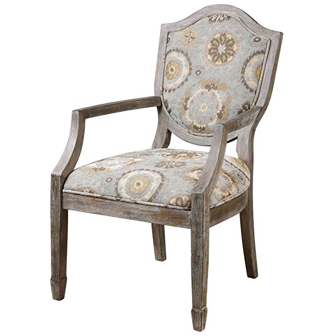 Kathy Kuo Home Alita French Country Soft Blue Rustic Floral Birch Arm Chair