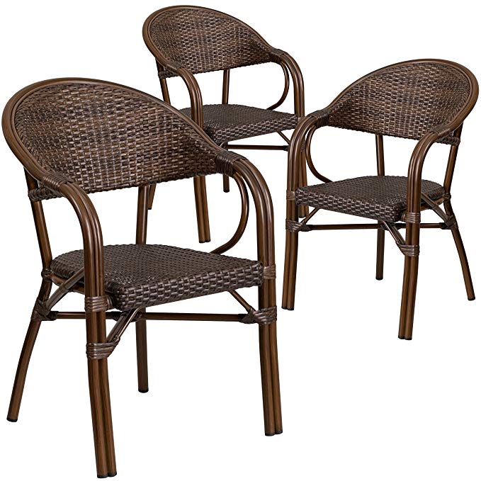 Flash Furniture 3 Pk. Milano Series Bark Brown Rattan Restaurant Patio Chair with Bamboo-Aluminum Frame