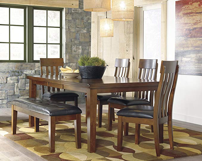 Ralerrine Medium Brown Formal Dining Set, Butterfly leaf Table and 4 Upholstered Side Chair, Bench