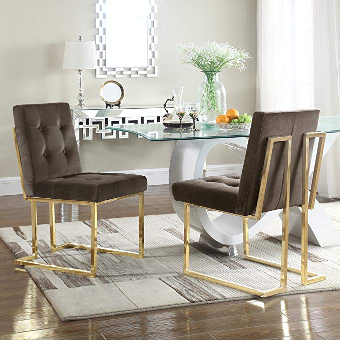 Iconic Home Levi Modern Contemporary Tufted Velvet Polished Brass Metal Frame Dining Side Chair, Taupe